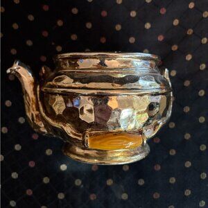 Silver and Gold Teapot Planter with Honeycomb Design. Vintage.